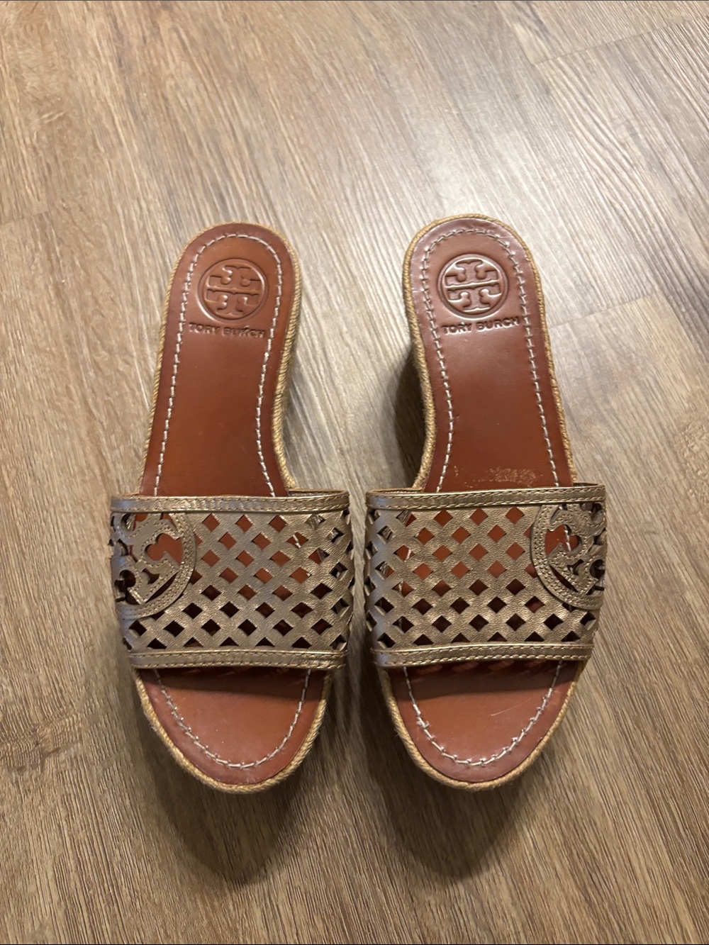 Tory Burch Tan Brown Laser-Cut Slide Mules
